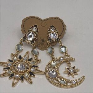 Gold Celestial Earrings with Sun and Moon Motif and Gemstone Accents NWOT